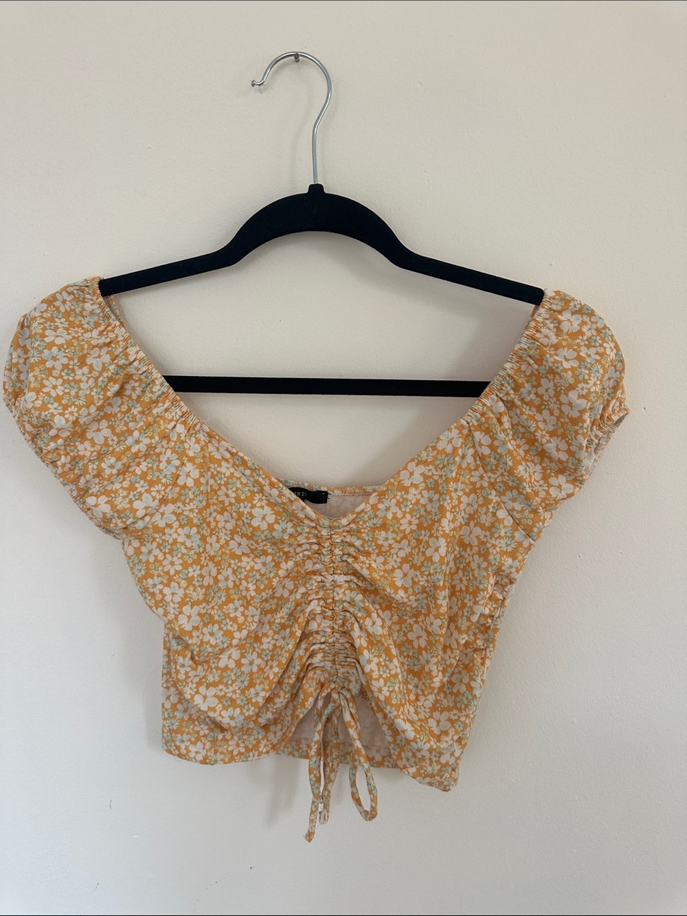 Forever 21 Yellow Floral Ruched Crop Top